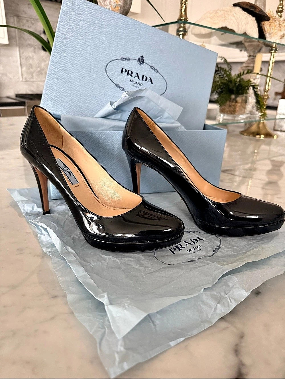 Prada Patent Leather Platform Pumps Black US 7.5 Like New